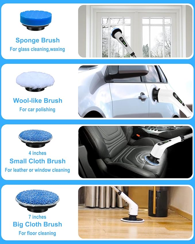 Leebein Electric Spin Scrubber Cordless Cleaning Brush with 8 Replaceable Brush Heads Tub and Floor Tile 360 Power Scrubber Dual Speed with Adjustable &amp Detachable Handle for Bathroom Kitchen Ca