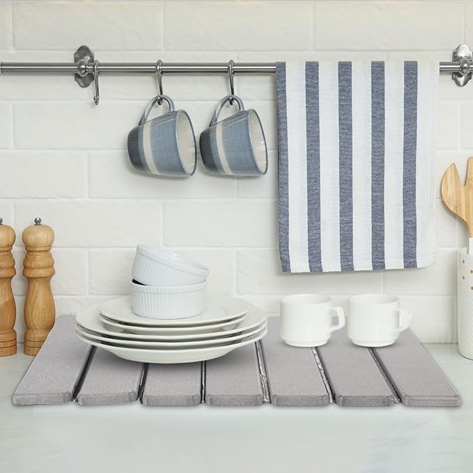 Sawysine 2 Pcs Stone Dish Drying Mats for Kitchen Counter 16x12 Collapsible Diatomaceous Earth Mats Absorbent Quick Drying Bath Kitchen Pad for Dishes Cups Bottles Fits Any Countertop(Light Gray)