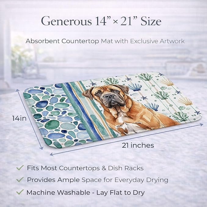 Caroline's Treasures Neapolitan Mastiff Coastal Sea Glass Dish Drying Mat Absorbent Dish Drying Mat Pad for Kitchen Counter Dish Drainer Mat for Countertop 14 x 21 Multicolor