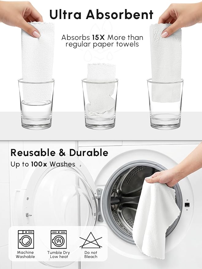 Microfiber Cleaning Cloths Roll 225 Pack Tear Away Microfiber Towels Roll 12 x 12 Lint Free Rags Reusable Cleaning Cloths Washable Scratch FreeUltra Absorbent Dish Rags(White)