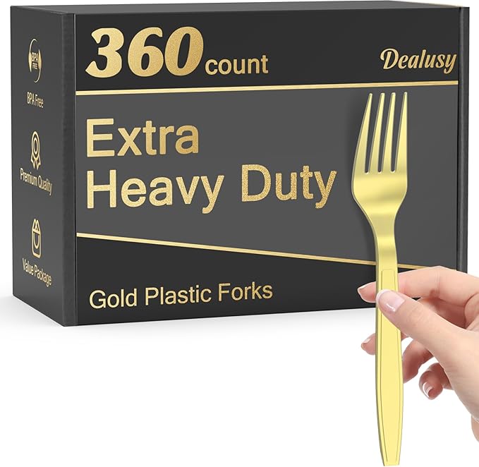 360 Count Extra Heavy Duty Gold Plastic Forks Disposable BPA-Free Heat Resistant Solid and Durable Disposable Forks Bulk Premium Plastic Forks heavy duty for Party Supply