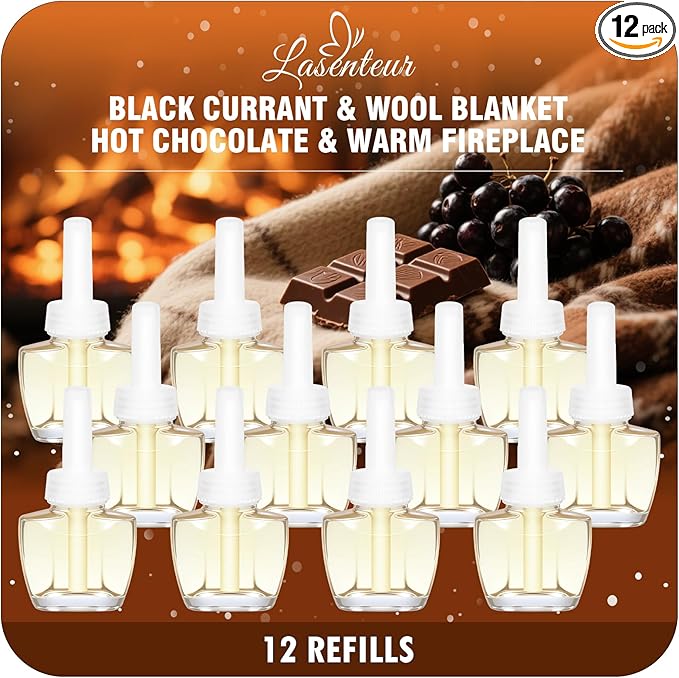 Plug in Air Freshener Refills Black Currant Wool Blanket Hot Chocolate &amp Warm Fireplace Scents Adjustable for Home &amp Bathroom – 12 Pack Compatible with Air Wick &amp Glade Not Include G