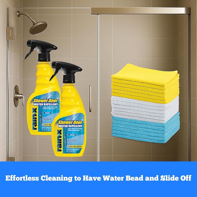 Rain-X 630542 Water Repellent 16 Fl. Oz. (Pack of 2) with Amazon Basics Microfiber Cleaning Cloths 16 x 12 (24-Pack) - Glass Shower Door Protection Bundle