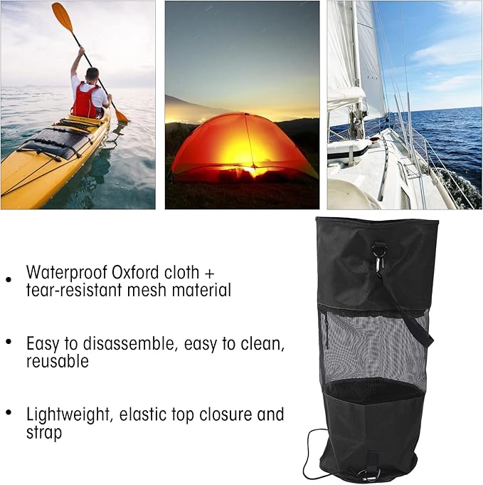 Reusable Boat Trash Bag Waterproof Mesh Garbage Bag for Boat Outdoor Camping Kayaking with Elastic Top and Sturdy Buckle Strap for Secure Mounting