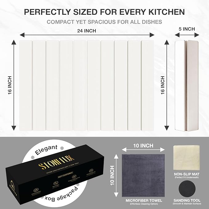 Large Stone Dish Drying Mat for Kitchen Counter 24x16 Fast Drying Collapsible Diatomaceous Earth Mat Super Absorbent Folding Mat for Dishes Bottles Glass Heat-Resistant Non-Slip (White)