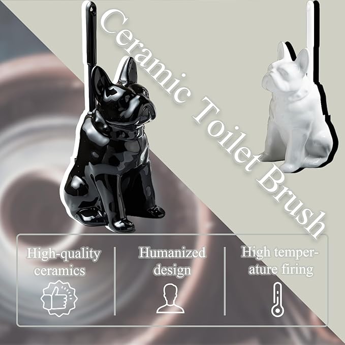 2026 Ceramic Dog Toilet Brush Holder Set French Bulldog Design with 2PCS Durable Plastic Brush Modern Bathroom Accessories (Black)