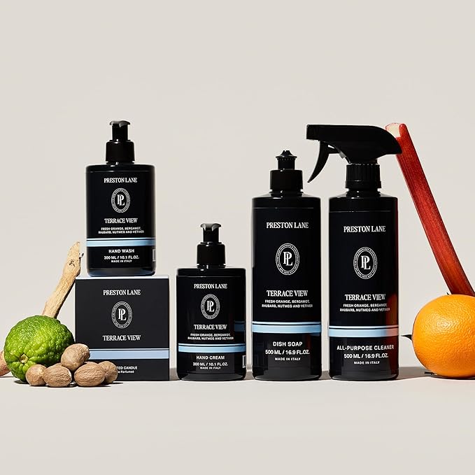 Preston Lane Signature Home Set – All Purpose Cleaner Dish Soap Hand Wash Hand Cream &amp Scented Candle | Plant-Powered Cleaning &amp Care Essentials with Fine Italian Fragrance Terrace View