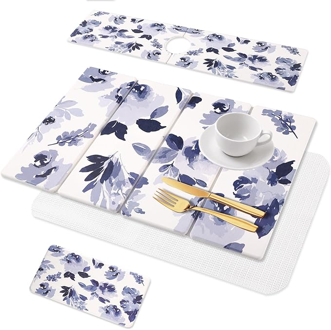 3 PCS Stone Dish Drying Mat for Kitchen Counter Quick Dry Foldable Stone Dishes Mats Water Absorbing Diatomaceous Earth Drying Organizer for Dishes Bottles Cups and Tableware (Blue)