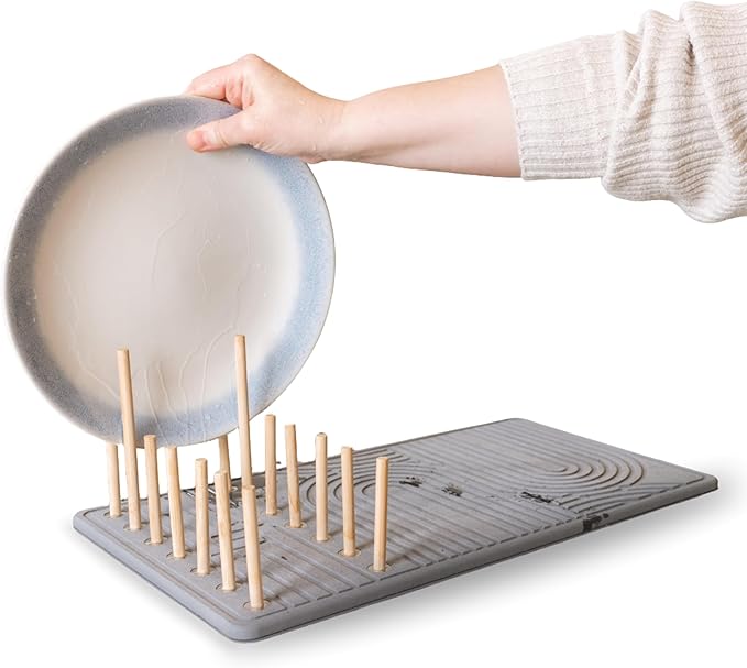 Stone Dish Drying Mat with Bamboo Rack – Fast-Drying Diatomaceous Earth Surface with Non-Slip Silicone Base – Eco-Friendly Super Absorbent Drying Pad for Kitchen Countertops and Dishes (Gray)