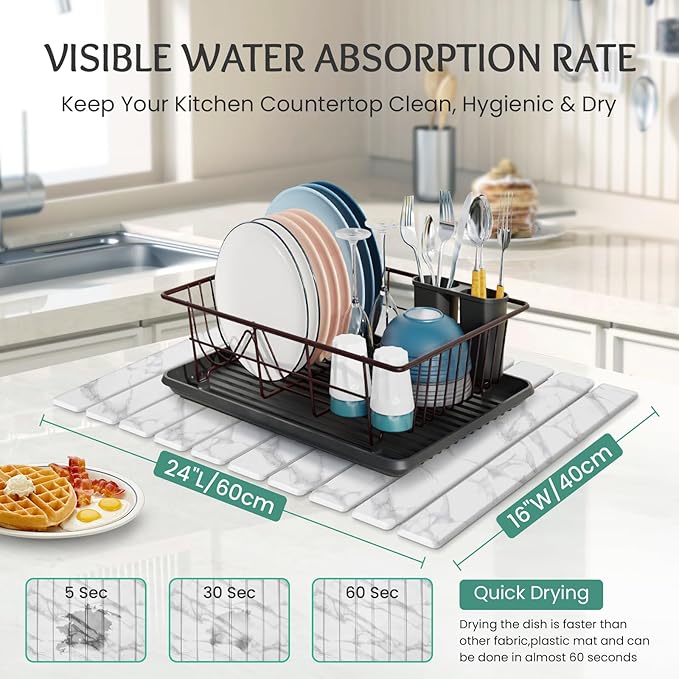 Stone Dish Drying Mat Collapsible Diatomaceous Earth Absorbent Mat Quick Dish Drying Pad Dish Rack Pad Match Any Counterto Multiple Usage for KitchenBathroom (White Marble Pattern 24L x 16W)
