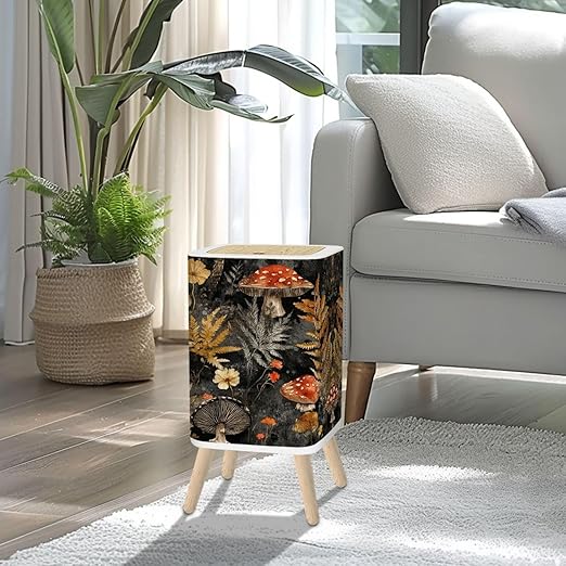 Small Trash Can with Lid Mushroom Seamless Boho Black Brown Mushroom Forest Vintage Mushrooms 2.6 Gallon/10L Garbage Can Waste Bin with Pop-Up Lid Wood Legs Wastebasket for Bathroom Kitchen Bedroom