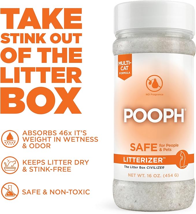 POOPH® LITTERIZER® – 16oz Bottle – Absorbs 46x Weight in Wetness &amp Odor – Keeps Litter Dry Reduces Mess Reduce Litter Costs and Get a Stink-FREELitter Box – Without Fragrances or Harsh Chemicals