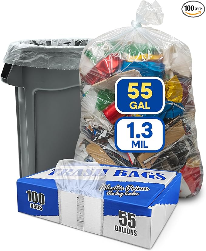 55 Gallon Trash Bags 1.3 Mil Heavy Duty Fit Rollout Containers Round and Square 32-55 gal Trash Cans 36 x 50 Large Durable Garbage Trash Can Liners Clear Pack of 100