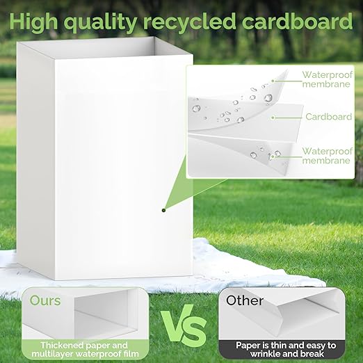 8 Pack Extra Large Disposable Trash Cans Reusable Portable Garbage Can 30 Gallon (30 H x 14 W x 14 D) Extra Thick Recycled Cardboard Portable Garbage Can and Recycling BinsWhite