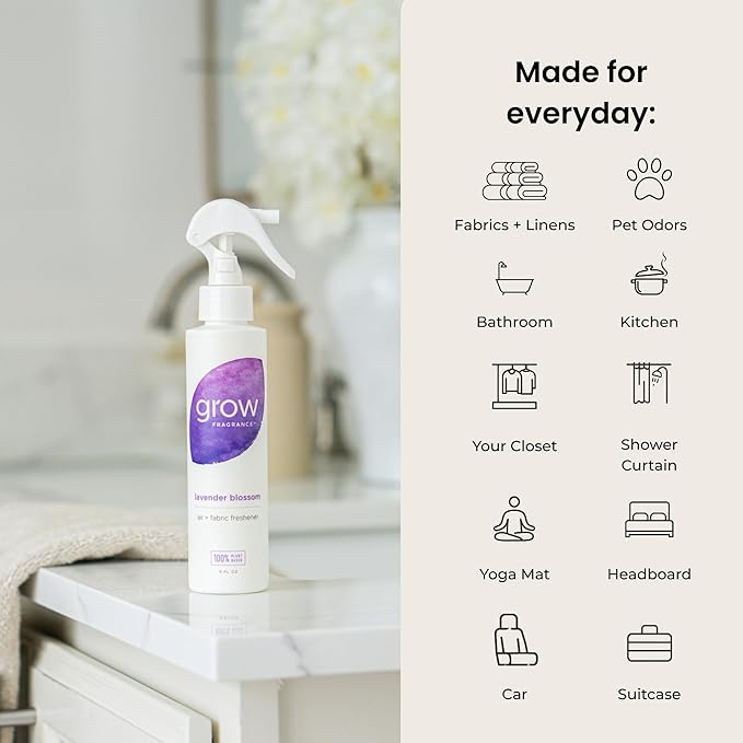 Grow Fragrance Scented Fabric and Room Air Freshener Spray - Certified Non-Toxic 100% Plant-Based Essential Oils - 5 oz (Lavender Blossom + Black Currant Rose 2-Count)