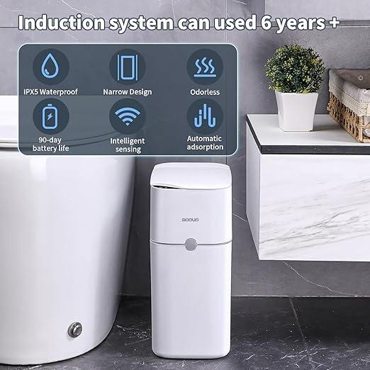 MOPUP Bathroom Trash Can Automatic Bagging Garbage Can 3.5 Gallon Slim Smart Small Plastic Trash Bin Narrow Motion Sensor Trash Can for Bedroom Office White
