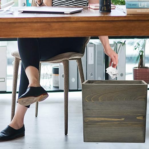 Owlgift Rustic Gray Wooden Trash Can Rectangular Wastebasket Bin for Home Office Kitchen Bathroom – Farmhouse Style Wood Garbage Bin 9.8” x 5.3” x 9.3”