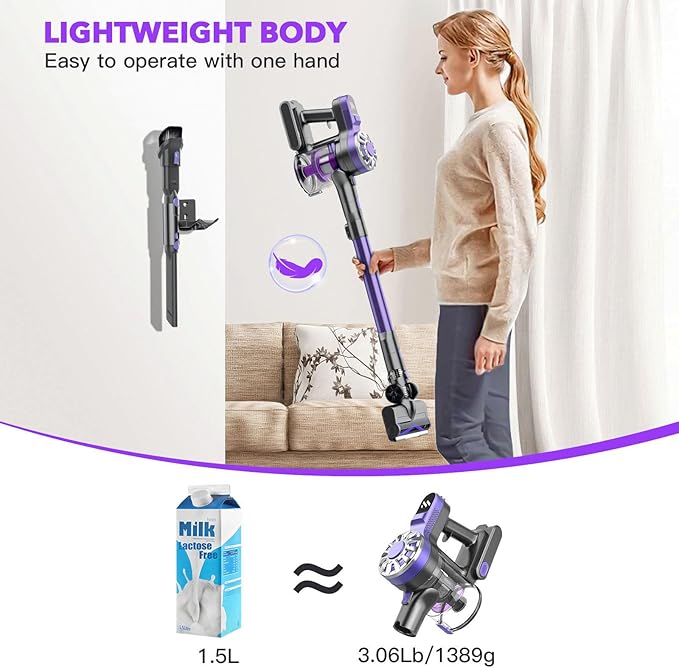 Cordless Vacuum Cleaner for HomeLightweight Stick Vacuum Cordless Rechargeable with Power Suction Up to 35 Mins Runtime Hardwood Floor Vacuum for Pet HairCarpetsTile(Deep Purple)