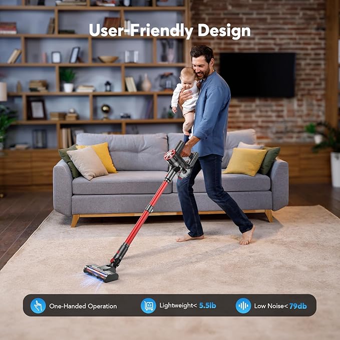 Cordless Vacuum Cleaner for Home 80000PRM Powerful 4 in 1 Lightweight Stick Vacuum with 2 Adjustable Suctions Max 40 Mins Runtime 2600mAh Rechargeable Vacuum Cleaners (Rave Red)