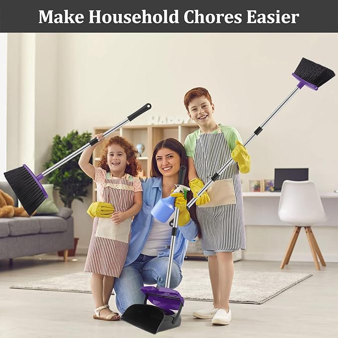Broom and Dustpan Set 51 Long Handle Broom with Dustpan Combo Set Windproof and Self-Cleaning Teeth Purple Household Dust Pan Set Sweep Kitchen Office Lobby Pet Room