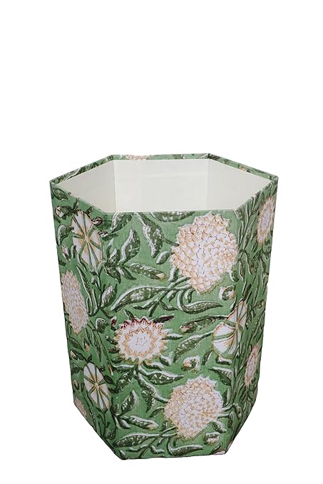 Generic 3.3 Gallon Cotton Hand Block Printed Paper Waste Basket |Small Decorative Trash Can for Housewarming Gifts in Living Room Bedroom Bathroom | Eco-Friendly Plastic-Free (1 GREEN GE.)