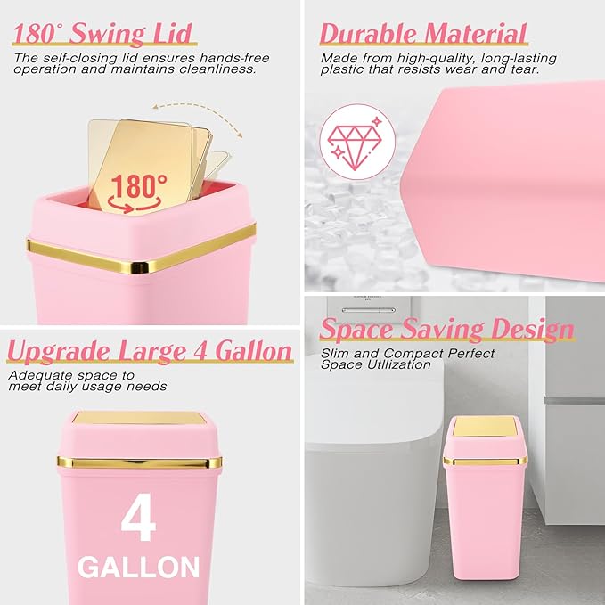 Bathroom Trash Can with Lid 4 Gallon Small Trash Can with Swing Lid White/Pink/Green Bathroom Garbage Can with 225 Counts Trash Bags for Kitchen Bedroom Office