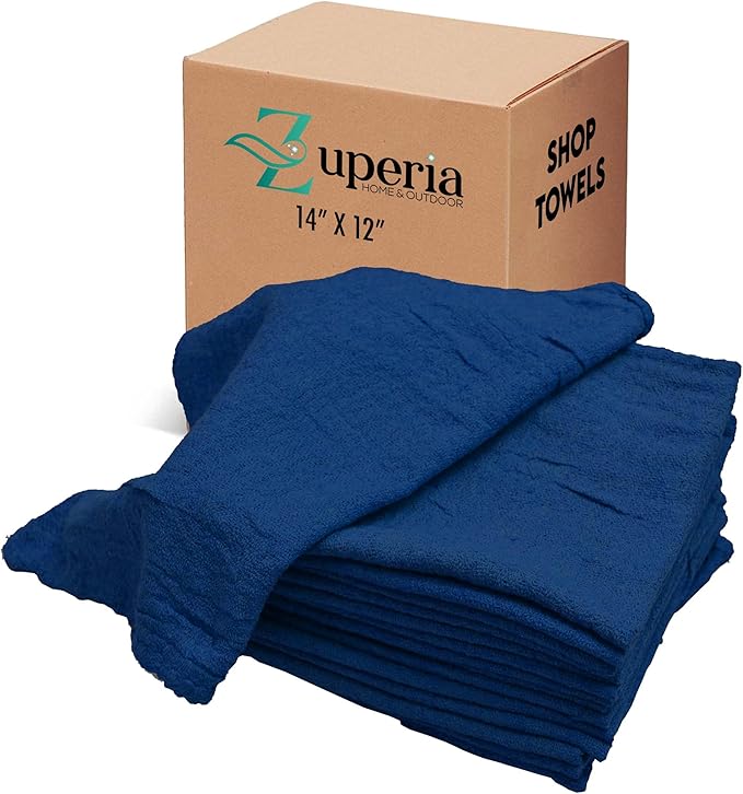 ZUPERIA Cotton Shop Towel – Multipurpose Cleaning Cloths (14 x 12 - Pack of 150 - Blue) Reusable Shop Rags for Automobiles Industrial Restaurants Garage and Homes