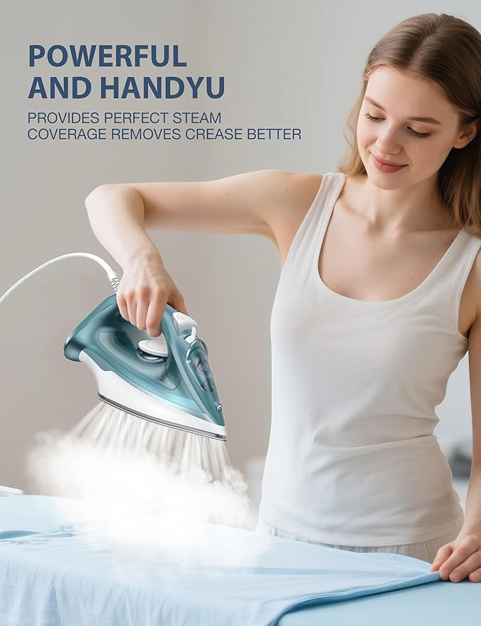 Burst steam Iron for Clothes - 1500W Iron with Ceramic Coated Soleplate Rapid Heating Self-Cleaning Auto-Off 11.84oz Water Tank Precise Thermostat Home Use Green