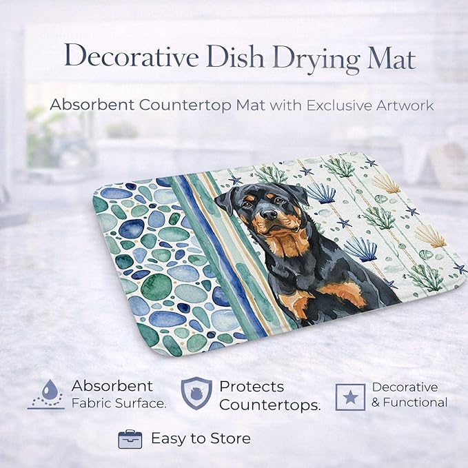 Caroline's Treasures Rottweiler Coastal Sea Glass Dish Drying Mat Absorbent Dish Drying Mat Pad for Kitchen Counter Dish Drainer Mat for Countertop 14 x 21 Multicolor