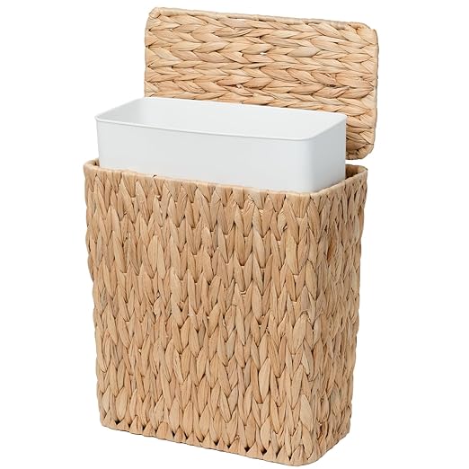 3 Gallon Wicker Trash CanSmall Bathroom Trash Can with LidNatural Water Hyacinth Wicker Waste Basket for BedroomToiletNarrow Garbage Can with Removable Liner