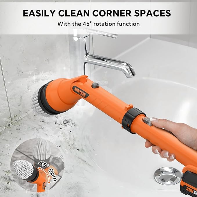 2 Battery Electric Spin Scrubber 1000RPM Cordless Cleaning Brush Waterproof with 20V Power Supplied Adjustable Extension Handle 4 Replaceable Cleaning Heads Hook Gloves - for Tub/Tile/Wall/Floor