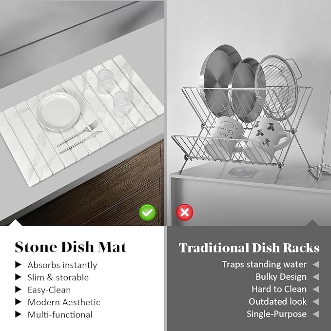 Large Stone Dish Drying Mats for Kitchen Counter 28(L)×16(W) Marble-Pattern Fast Drying Collapsible Dish Drying Mat Eco-Friendly Absorbent Diatomaceous Earth Mats for Match Countertop