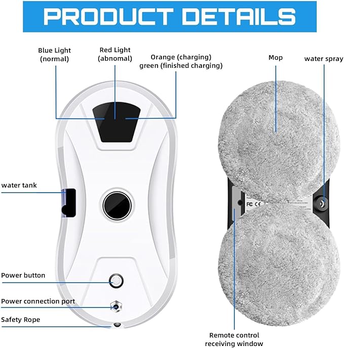 Automatic Window Cleaning Robot with Water Spray - Electric Smart Robot Glass Cleaner 5600Pa Suction - Remote Control Window Washer Robot - Long-Lasting High-Altitude Cleaning Machine