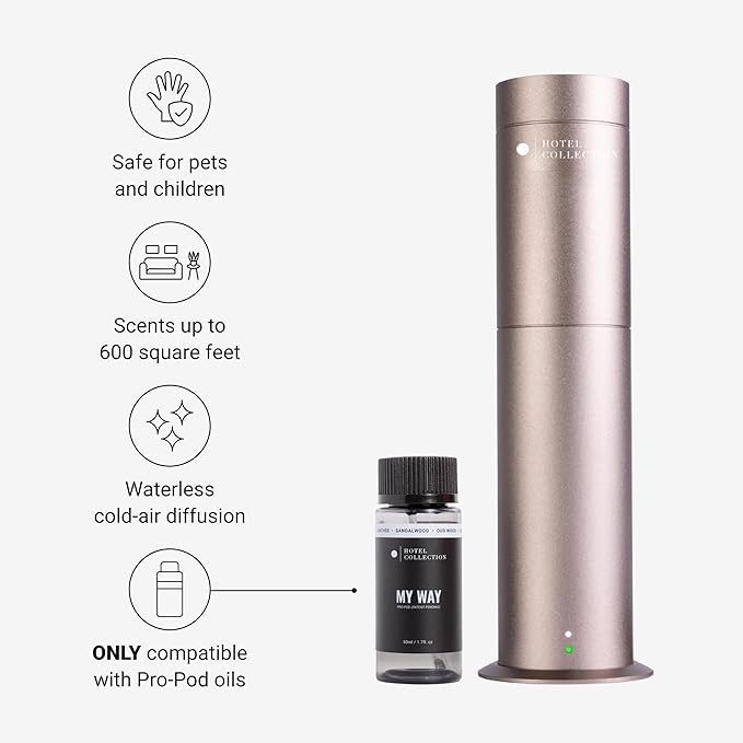 Hotel Collection Studio Pro Essential Oil Diffuser - 600 sq ft Coverage Wired &amp Portable with Remote - Cold-Air Diffusion - Only Works with Pro Pod Bottles - Champagne