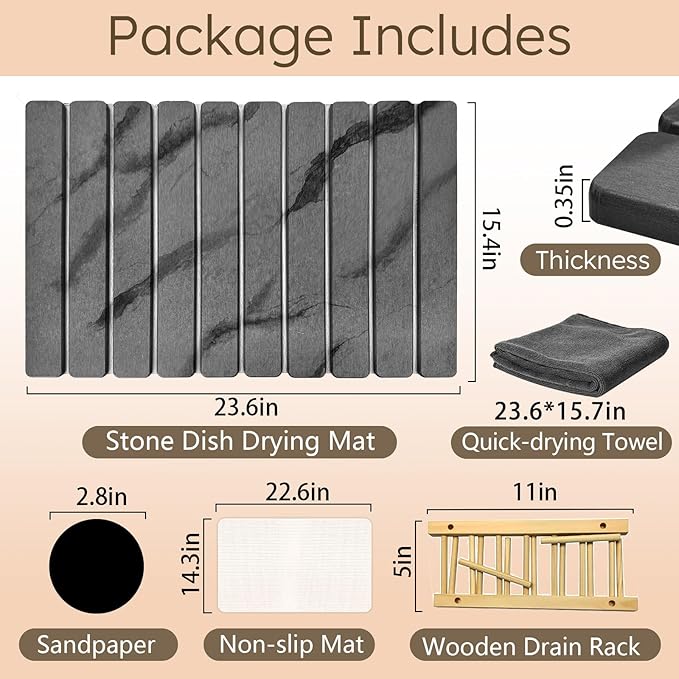 Large Stone Dish Drying Mat for Kitchen Counter Collapsible Marbled Quick-Dry Diatomaceous Earth Mat with Dish Rack and Towel Versatile Drying Mats for Kitchen Utensils (Dark Gray 23.6×15.4)