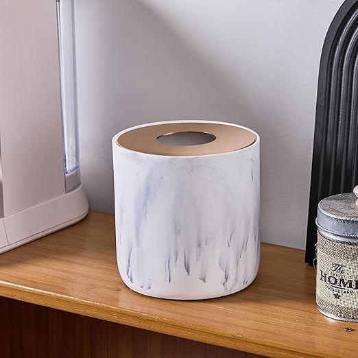 White Marble Textural Mini Trash Can with Rose Gold Stainless Steel Lid Small Countertop Trash Can for Bathroom KitchenDesk Trash CanTable top Mini Garbage CansResin Tiny Waste Basket for Vanity