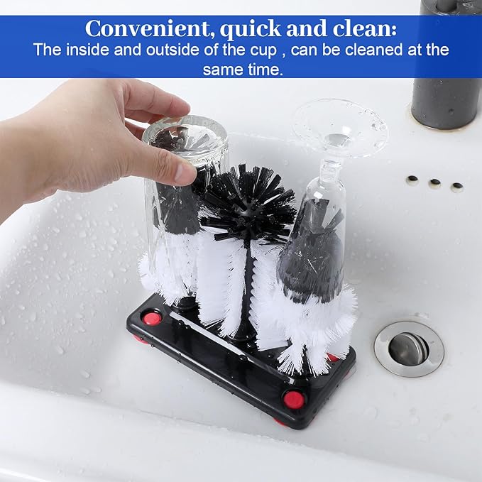 2 Pack Water Bottle Cleaning Brush with 3 Brushe Heads &amp Suction BaseGlass Cup Washer for Sink Bar Beer Cup Wine Glass（7.3 x 3.7 x 7.5 inch）
