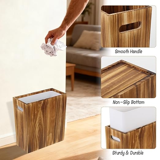 3 Gallon Wooden Trash Can with Liner Wood &amp Plastic Bathroom Trash Can Small Decorative Waste Basket for Bathroom Bedroom Kitchen Office