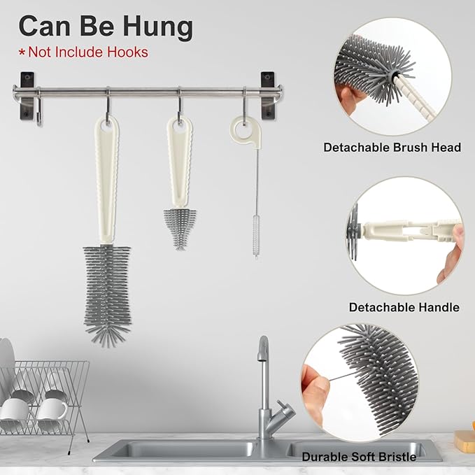 6 in 1 Baby Bottle Brush SetBottle Cleaner Brush Kit with Silicone Bottle BrushDrying RackNipple BrushStraw BrushSoap Dispenser&ampStorage BoxPortable Baby Essentials for Home&ampTravel (White
