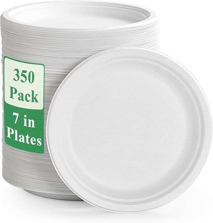 Vplus 350 Pack Paper Plates 7 inch 100% Compostable Heavy-Duty Disposable Paper Plates Bagasse Natural Biodegradable Eco-Friendly Sugarcane(White)