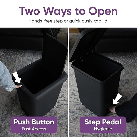 Superio 6.5L 10L and 48L Slim Step &amp Push Trash Cans - 3 Pack Dual Opening Smooth Matte Finish Durable Plastic - Black