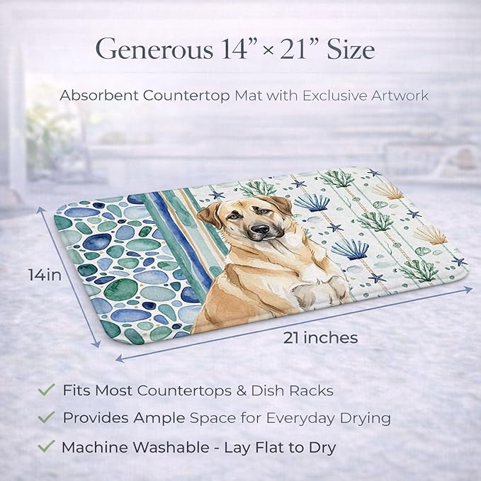 Caroline's Treasures Anatolian Shepherd Dog Coastal Sea Glass Dish Drying Mat Absorbent Dish Drying Mat Pad for Kitchen Counter Dish Drainer Mat for Countertop 14 x 21 Multicolor