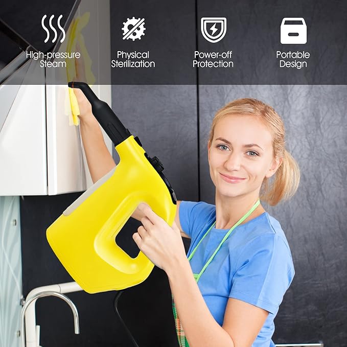 COSTWAY Handheld MultiPurpose Steam Cleaner with 17 Pieces 350ml Large Capacity Steam Mop Continuous Fill water Portable Chemical-Free Steamer for Home Use Floors Windows 1400W Yellow