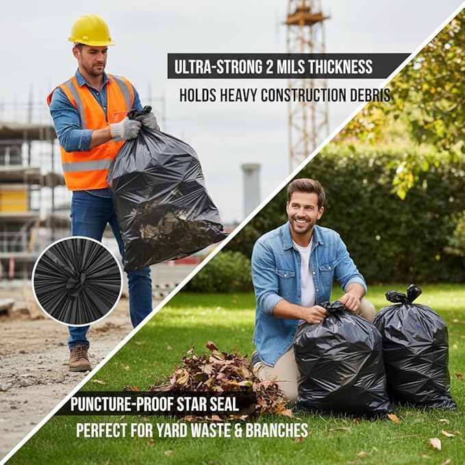 Ultra-Strong Trash Bags 44x55 Inches 2 Mils Thick 50 Count – Heavy Duty Black Garbage Bags with Star Seal Bottom 65 Gallon Capacity