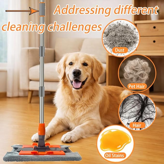 Professional Microfiber Mop Includes 2 Reusable Mops Head and 1 Scrub Brush Ideal for Hardwood and Tile Floor Cleaning Stainless Steel Telescopic Handle Rotating mop Head