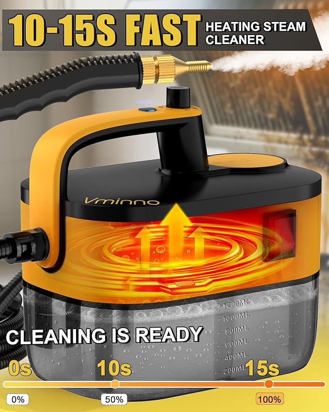 Heavy Duty Steam Cleaner for Home 15s Fast Heating &amp 1.2L Tank Steam Cleaner with 11-Piece Accessories 6-Level Adjustable Steamer for Cleaning Grout and Replacement Sponges Bundle
