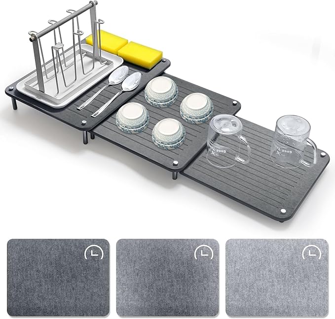 3Pcs Nesting Stone Drying Mat for Kitchen Counter Quick Drying Stone Dish Drying Mat with Non-Slip Feet Super Absorbent Heat Resistant Diatomaceous Earth Dish Drying Mat for Dishes Bottles-Linear
