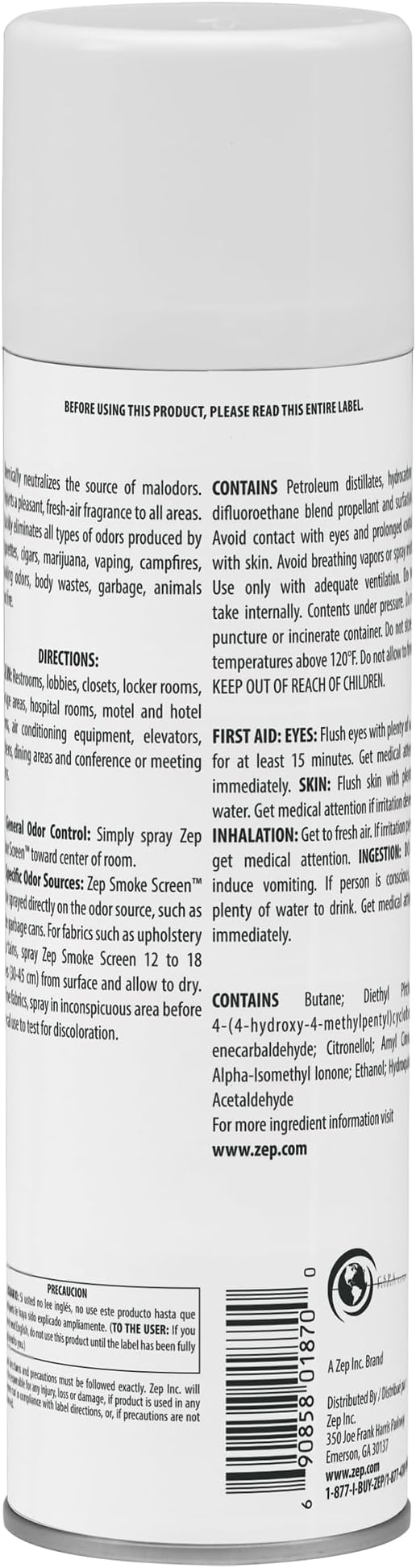 Zep Smoke Screen Deodorizer Spray 16 Oz Aerosol 18701 (Case of 12) eliminates all types of odors produced by cigars cigarettes pipes food and cooking body wastes garbage animals and fire