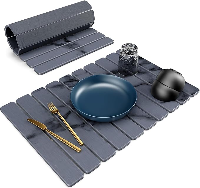 Large Stone Dish Drying Mat for Kitchen Counter 24(L)×16(W) Collapsible Quick Dry Stone Dish Mats Super Absorbent Diatomaceous Earth Drying Pad for Dishes Bottles Cups Countertops (Marble)