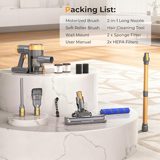 Cordless Vacuum Cleaner 30Kpa Vacuum Cleaners for Home Stick Vacuum with LED Display 2 Roller Brushes for Anti-Tangle &amp Hard Floor 6 in 1 Lightweight Vacuum for Hard Floors Carpet Pet Hair